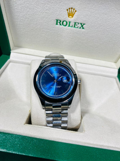 rolex silver with blue dial
