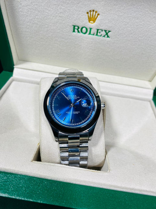 rolex silver with blue dial