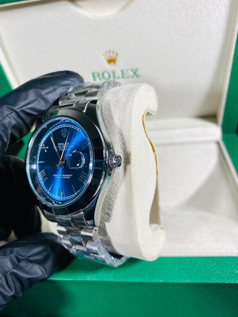rolex silver with blue dial