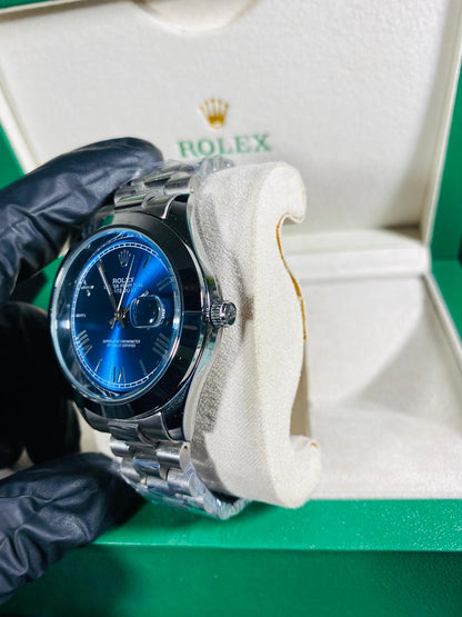 rolex silver with blue dial