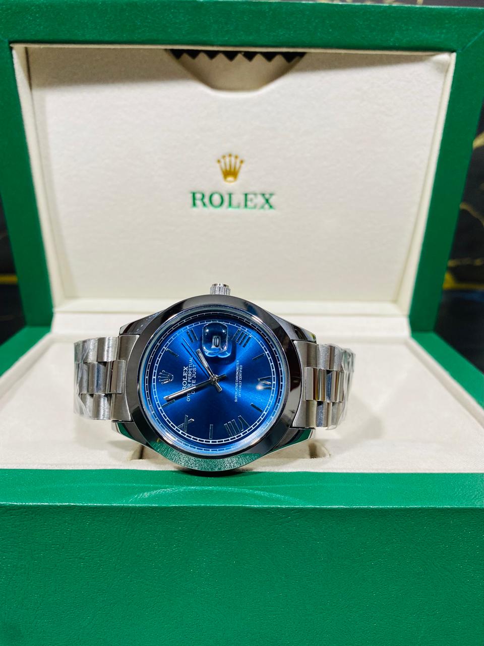 rolex silver with blue dial
